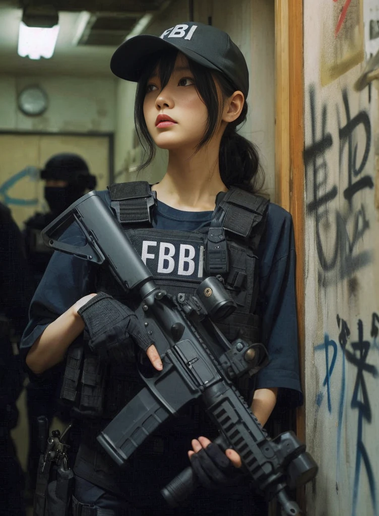 8K,Realistic Photo、Realistic Skin Texture、Superrealism、Japanese female member of FBI SWAT、nervous、Vigilance、Accurate equipment depiction、cap、Operation、I stand in front of the room door and check the situation.、Stains on the wall、Suggestive wall graffiti、demarcation