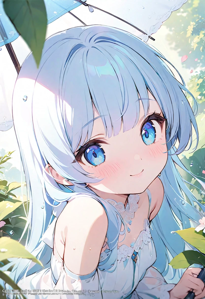 masterpiece, best quality, extremely detailed, (illustration, official art:1.1),adorable face、 1 girl ,(((( light blue long hair)))),pale blue hair,, long hair ((blush)) , cute face, big eyes, masterpiece, best quality,(((((a very delicate and beautiful girl))))),Amazing,beautiful detailed eyes,blunt bangs((((little delicate girl)))),tareme(true beautiful:1.2), sense of depth,dynamic angle,,,, affectionate smile, (true beautiful:1.2),,(tiny 1girl model:1.2),)flat chest、(Best Quality, 8K, masutepiece:1.2, NSFW ),Cutest,Cute Girl,mesugaki,Beautiful face,Beautiful eyes,Beautiful hair, Light blue hair,,soft sunlight,rain falling,Drooping water droplets,Nice dress,Innocent smile,playful pose,Atmosphere of bliss,Sober background,dreamy ambiance,Lively atmosphere,sparkling dew,Happy look,enchanting charm,magical garden,PastelColors,gentle wind,Dainty features,Delicate petals,Adorable beauty,Fascinating landscapes. (((Umbrella, drops, morning dew)))
