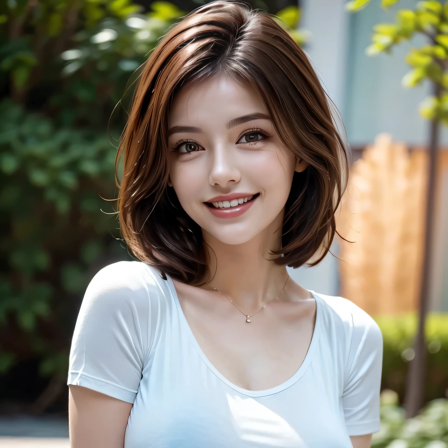 (8K, RAW Photos, Highest quality, masterpiece, Realistic, Realistic), (1 female), (Ultimate beauty), Highly detailed face, (Perfect Teeth), Beautiful Eyes, double eyelid, eyelash, smile, Lip details, Brunette Bob, The light shines on your face, Big Breasts, ((T-Shirts)), (Upper Body), (background: garden), ((Written boundary depth))