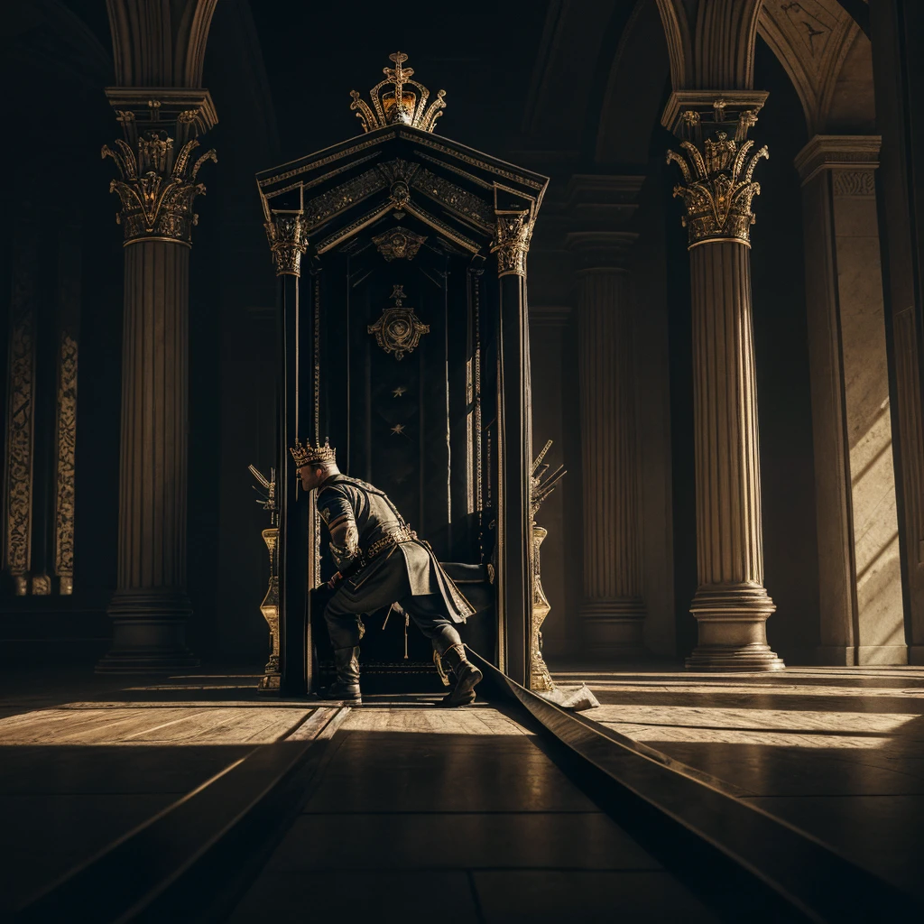 a man walking toward his throne, pile of soldier corpses on floor behind him, spotlight on him from behind the throne, a crown is kept on the throne, dark moody lighting, cinematic scene, high contrast, dramatic, hyper detailed, ultra realistic, 8k, photorealistic, award winning digital art, epic, masterpiece, dramatic lighting, chiaroscuro, moody atmosphere, dramatic lighting, cinematic composition, dramatic angle, muscular built man, regal pose, confident expression, crown on throne, throne room interior, dead soldier bodies, dark shadowy background, spotlight from behind throne, muted color palette, realistic textures, highly detailed
