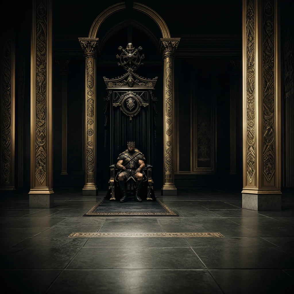 a man walking toward his throne, pile of soldier corpses on floor behind him, spotlight on him from behind the throne, a crown is kept on the throne, dark moody lighting, cinematic scene, high contrast, dramatic, hyper detailed, ultra realistic, 8k, photorealistic, award winning digital art, epic, masterpiece, dramatic lighting, chiaroscuro, moody atmosphere, dramatic lighting, cinematic composition, dramatic angle, muscular built man, regal pose, confident expression, crown on throne, throne room interior, dead soldier bodies, dark shadowy background, spotlight from behind throne, muted color palette, realistic textures, highly detailed