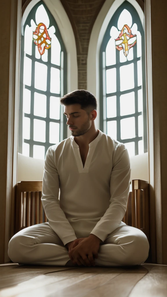 scenario: A serene and spiritually meaningful environment, like a small and simple chapel, with soft light filtering through the windows, creating an environment of peace and reflection.
charachter: A young man, with an expression of seriousness and contemplation, sitting alone in the church pew. He is in prayer position, with eyes closed and hands crossed on the lap, demonstrating a posture of respect and reverence.
lighting: soft natural light, suggesting the divine presence and sanctity of the environment. Broken rays of light can subtly illuminate a man's face and hands, symbolizing spiritual guidance.
Symbolic Objects: Ao redor dele, religious symbols such as an open Bible may be present at a relevant verse, a lit candle, or a crucifix on the wall in the background, all evoking the divine presence and the importance of faith.
Focus and Composition: The photo can be captured from an angle that highlights the tranquility of the environment and the man's reverent posture. The blurred background can emphasize the spiritual connection and uniqueness of the moment of reflection.
Colors and Atmosphere: Soft colors and warm tones, like shades of brown, dourado e branco, can convey a sense of peace and spiritual purity, complementing the theme of the temple of the Holy Spirit.