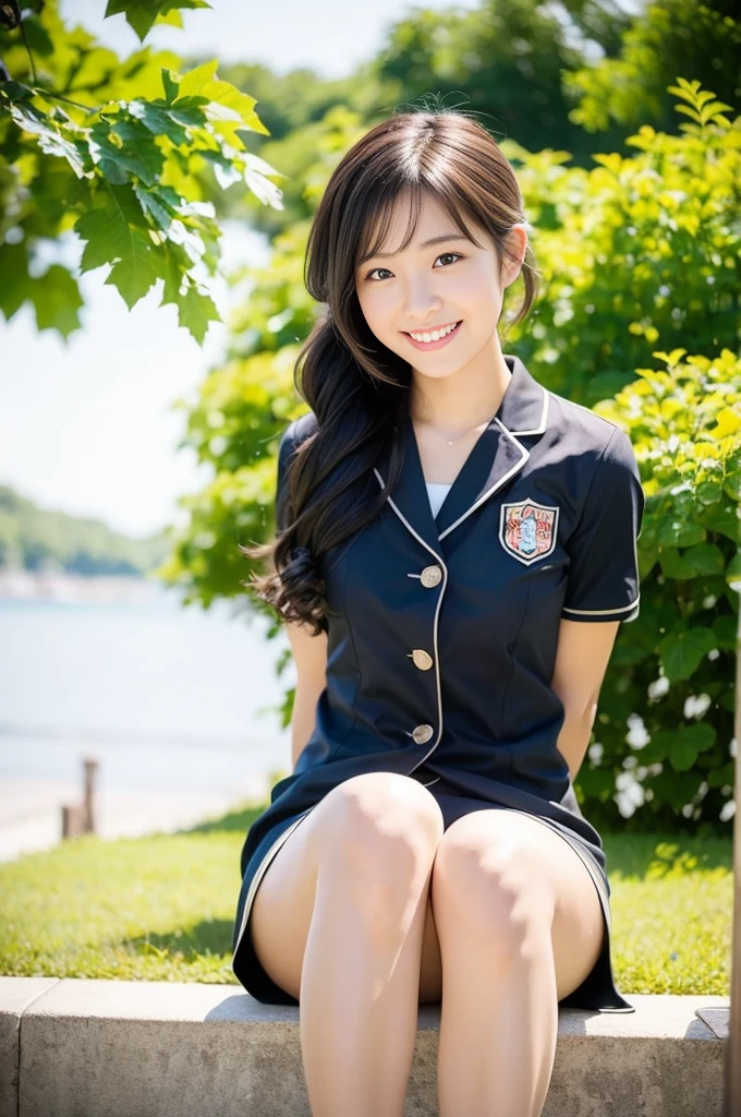 Pure Japanese girl, outstanding body, beautiful legs, wearing uniform, natural hairstyles, sweet smile, sitting, refreshing in early summer, composition from the front, 
