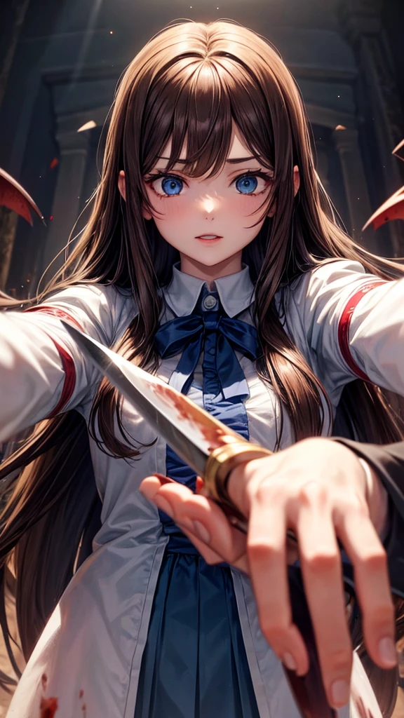 Adult, long brown hair with bangs, blue eyes, knife, yandere, bloody, vampire