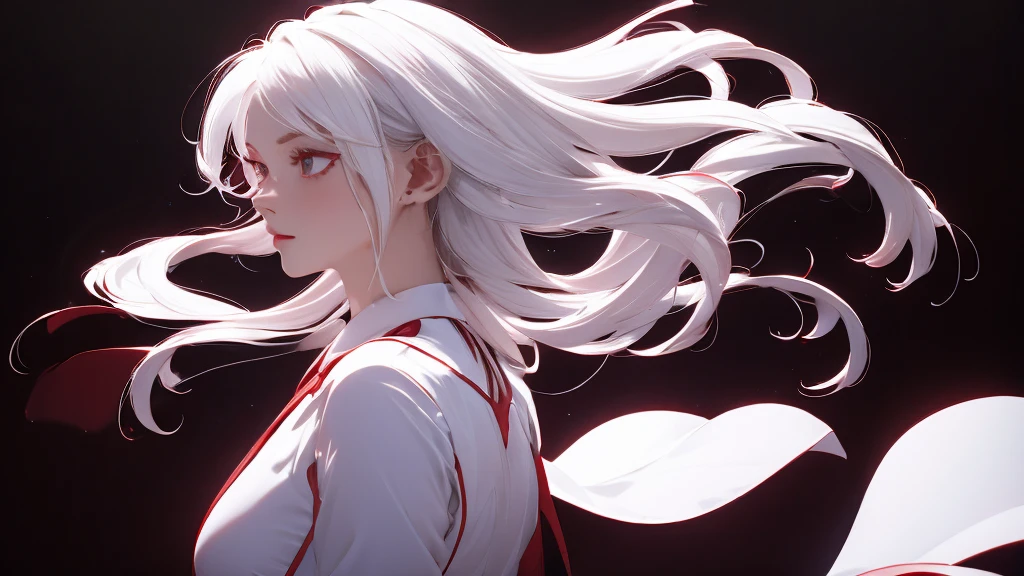 1 Girl, medium light white hair, light white eyes, wearing Red Suit 4D , night club TOWN 18+, high res, ultrasharp, 8K, masterpiece, looking from behind