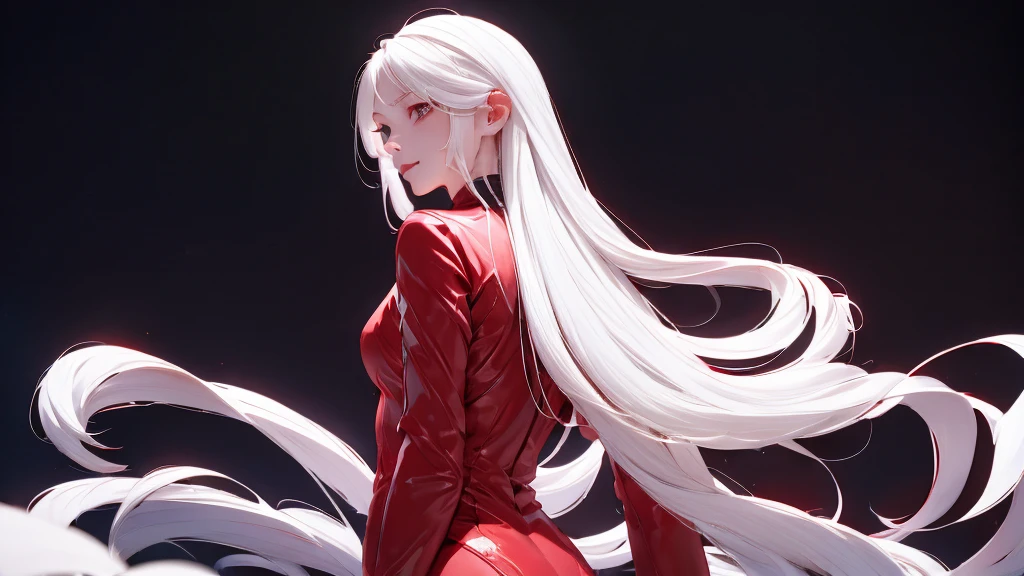 1 Girl, medium light white hair, light white eyes, wearing Red Suit 4D , night club TOWN 18+, high res, ultrasharp, 8K, masterpiece, looking from behind