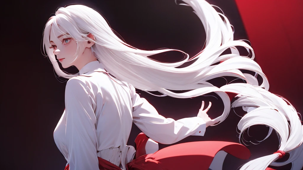 1 Girl, medium light white hair, light white eyes, wearing Red Suit 4D , night club TOWN 18+, high res, ultrasharp, 8K, masterpiece, looking from behind