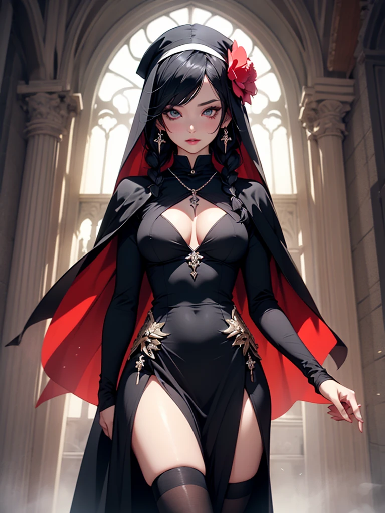 solo, flower, long hair, hair ornament, medium_breasts, sparkle, cleavage, standing, jewelry, hair flower, black hair, cape, lips, looking at viewer, braid, dress, plant, 1girl, seductive, delicate, gardevoir, android, white skin, glowing eyes, specterdef, nun, habit, black dress, long sleeves, capelet, black pelvic curtain, black thighhighs, necklace, beautiful body, masterpiece