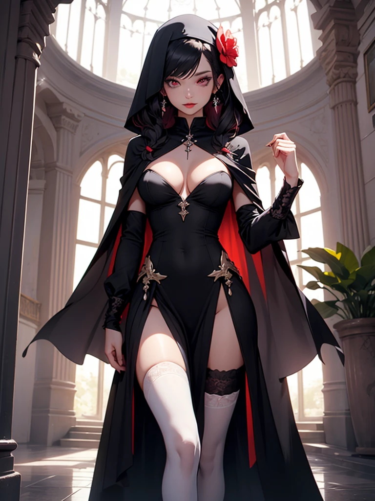solo, flower, long hair, hair ornament, medium_breasts, sparkle, cleavage, standing, jewelry, hair flower, black hair, cape, lips, looking at viewer, braid, dress, plant, 1girl, seductive, delicate, gardevoir, android, white skin, glowing eyes, specterdef, nun, habit, black dress, long sleeves, capelet, black pelvic curtain, black thighhighs, necklace, beautiful body, masterpiece