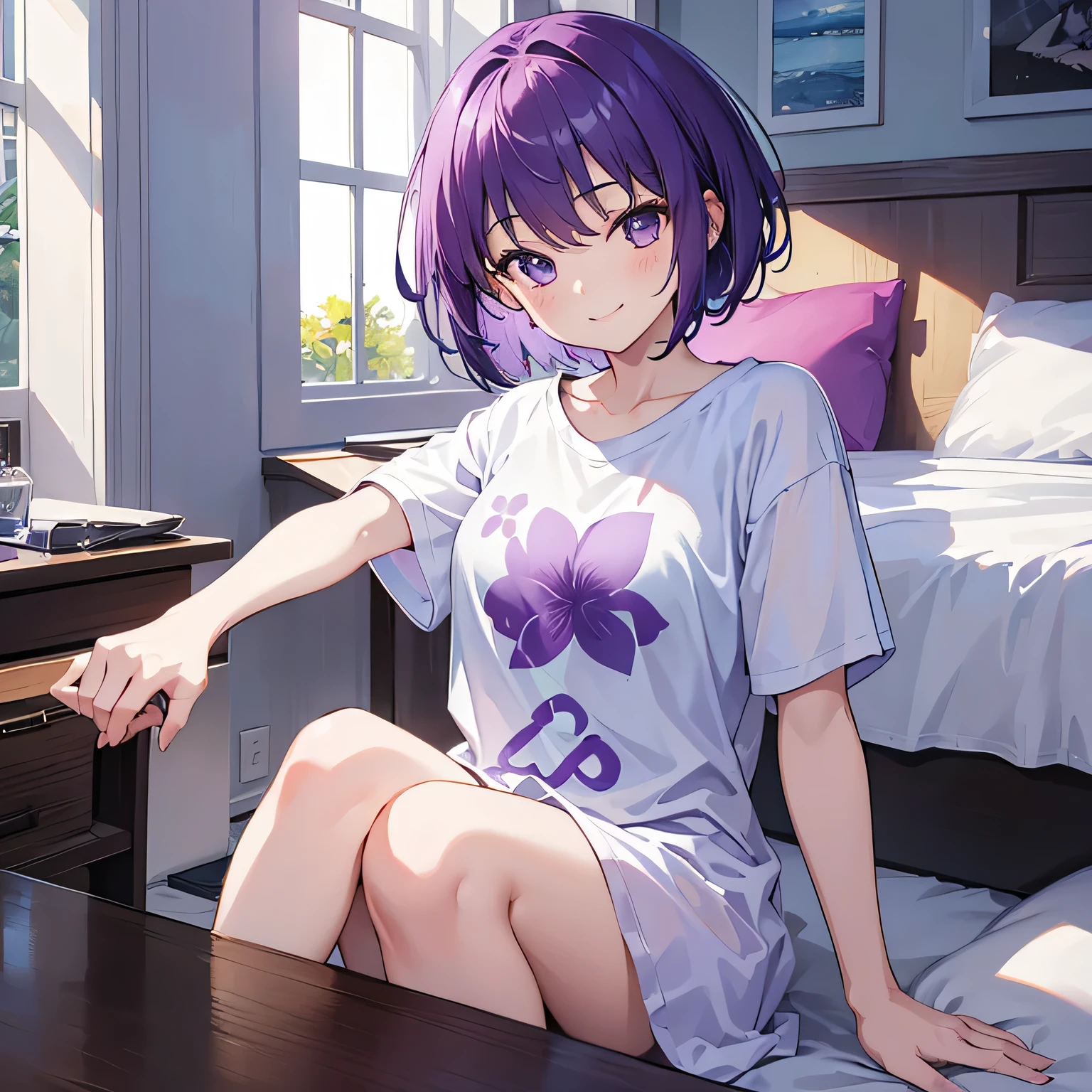 (T Masterpiece，4k wallpaper，Best Quality))、((girl１people))、(solo)、Bright and Brilliant，(Purple Hair)、(short hair:1.3)、smile、Bedroom、T-Shirtorning