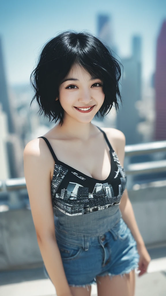 Blurred cityscape, summer、 Black Hair, Half Korean woman、summerらしく, short hair,Masterpiece、smile