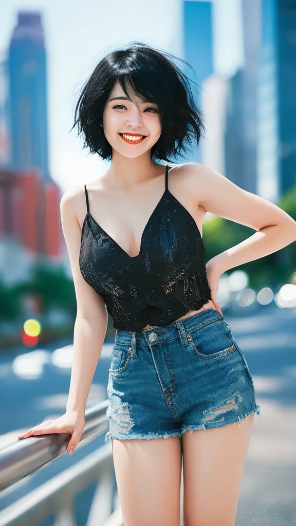 Blurred cityscape, summer、 Black Hair, Half Korean woman、summerらしく, short hair,Masterpiece、smile