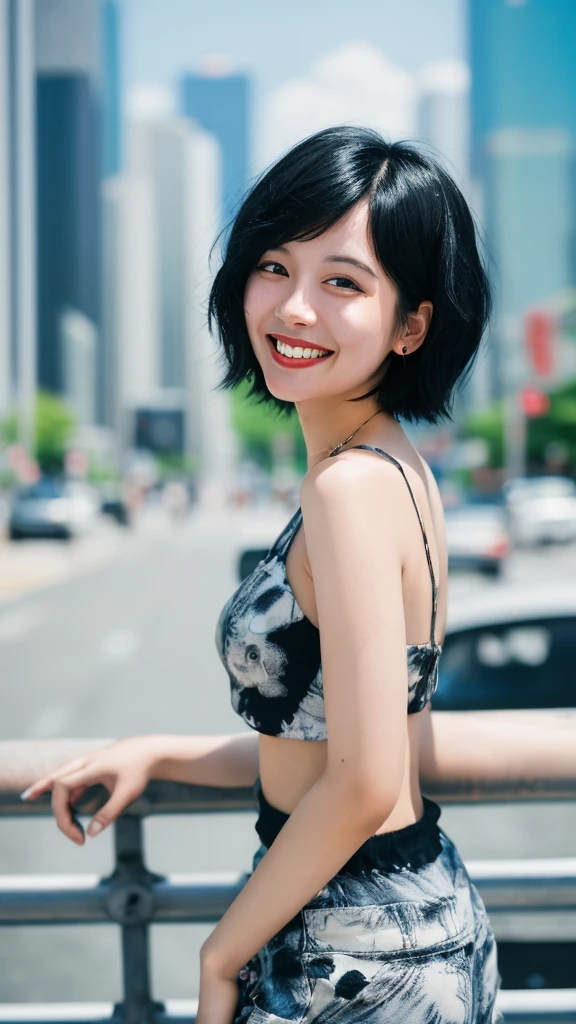 Blurred cityscape, summer、 Black Hair, Half Korean woman、summerらしく, short hair,Masterpiece、smile
