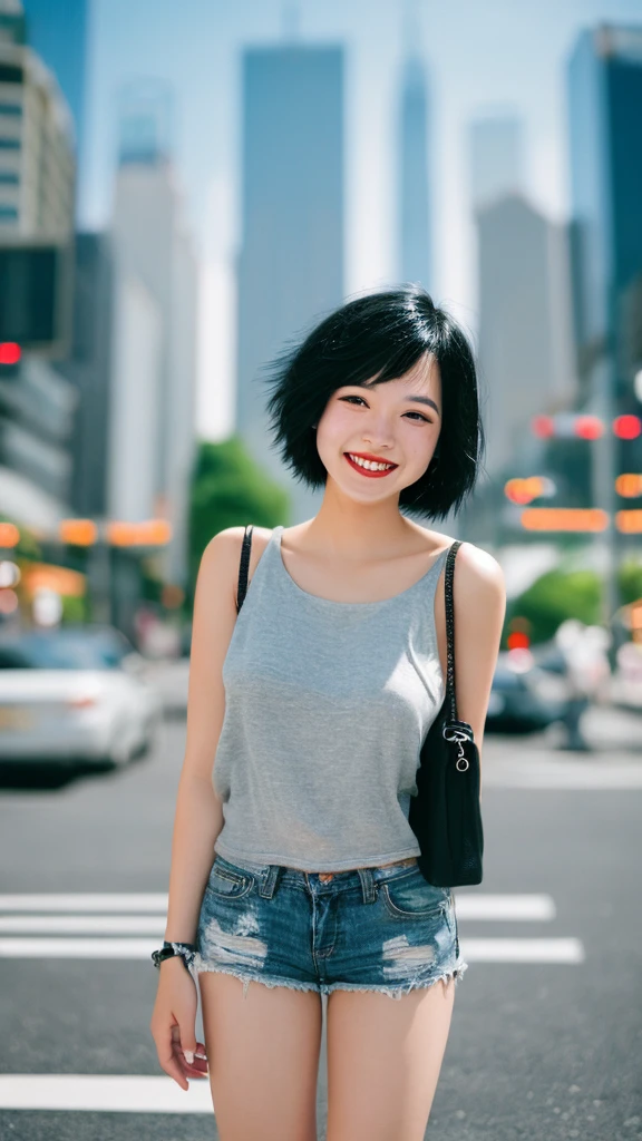 Blurred cityscape, summer、 Black Hair, Half Korean woman、summerらしく, short hair,Masterpiece、smile
