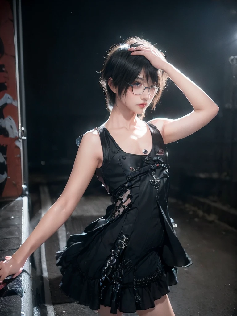 RAW Photos, 8K, (Highest quality), Realistic, (live-action, Intricate details), (Natural skin texture, Detailed skin, Hyperrealism, Sharpness), (Japanese age girl standing in a dirty back alley at night, graffitied wall:1.3, Put your hands on your head, Exposed armpits), ((Black short dress, tight dress, No sleeve, Side slits)), (((Flat Chest:1.5))) , (Pale skin), ((short hair, Short bangs)), (Glasses, Fascinating face, Part your lips:1.3), thigh, graffiti:1.5, trash can, at night, Spot lighting:1.3, Full Body Shot, small breast, nude, pussy