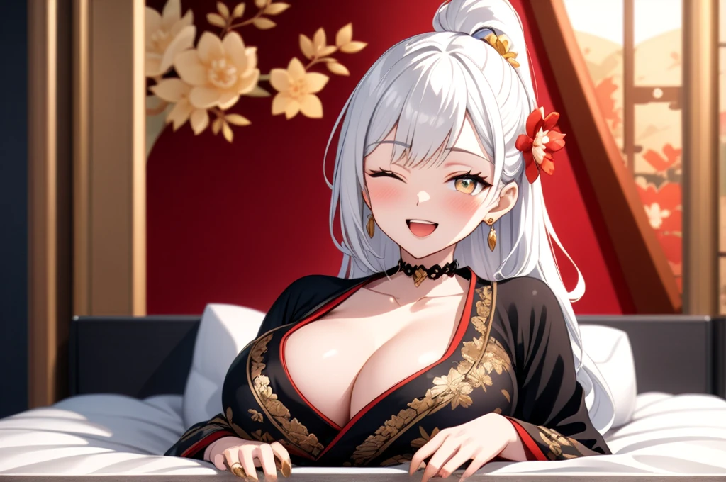 ((One personの女性)), Beautiful Face, Laughing embarrassedly, (laugh:1.2),((Wink:1.9)), (head tilt:1.3), Laugh with your mouth wide open, upper teeth, looking at viewer, ((full-face blush:1.6)),Glossy Red Lips, Night view, On a luxury hotel bed, ((Lie down on the bed:1.8)),  Glossy red lips, Shining Face, ((Anime style background)),masterpiece, Highest quality, so beautiful,up to date, Complex details, (Pink sharp claws),(ring),(bracelet),(Floral choker),AI-generated, Complex,High resolution, Highest quality, super high quality,3D Images、3D Images, One person, Long white hair, High Ponytail, Anime woman posing for a photo, (blue eyes), ((Fine grain、Silvery white, lightly pigmented eyes、Shining Eyes:1.3)), (Squint your eyes:1.1),a hyperRealistic , hyperRealistic , Realistic,Anime woman with long white hair, Smooth anime CG art, ((A woman in a colorful kimono with gold embroidery)), ((Black long-sleeved kimono 1.3)),(Red floral pattern),Long flower hair ornament,Earrings,Mature Body,aldult,(:1.1),Tall,Abdominal muscles,Tight waist, 