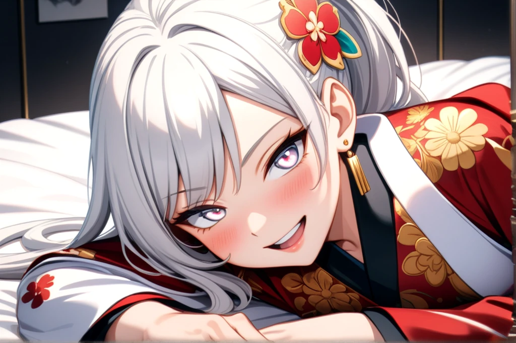 ((One personの女性)), Beautiful Face, Laughing embarrassedly, (laugh:1.2),((Wink:1.9)), (head tilt:1.3), Laugh with your mouth wide open, upper teeth, looking at viewer, ((full-face blush:1.6)),Glossy Red Lips, Night view, On a luxury hotel bed, ((Lie down on the bed:1.8)),  Glossy red lips, Shining Face, ((Anime style background)),masterpiece, Highest quality, so beautiful,up to date, Complex details, (Pink sharp claws),(ring),(bracelet),(Floral choker),AI-generated, Complex,High resolution, Highest quality, super high quality,3D Images、3D Images, One person, Long white hair, High Ponytail, Anime woman posing for a photo, (blue eyes), ((Fine grain、Silvery white, lightly pigmented eyes、Shining Eyes:1.3)), (Squint your eyes:1.1),a hyperRealistic , hyperRealistic , Realistic,Anime woman with long white hair, Smooth anime CG art, ((A woman in a colorful kimono with gold embroidery)), ((Black long-sleeved kimono 1.3)),(Red floral pattern),Long flower hair ornament,Earrings,Mature Body,aldult,(Big Breasts:1.1),Tall,Abdominal muscles,Tight waist, 