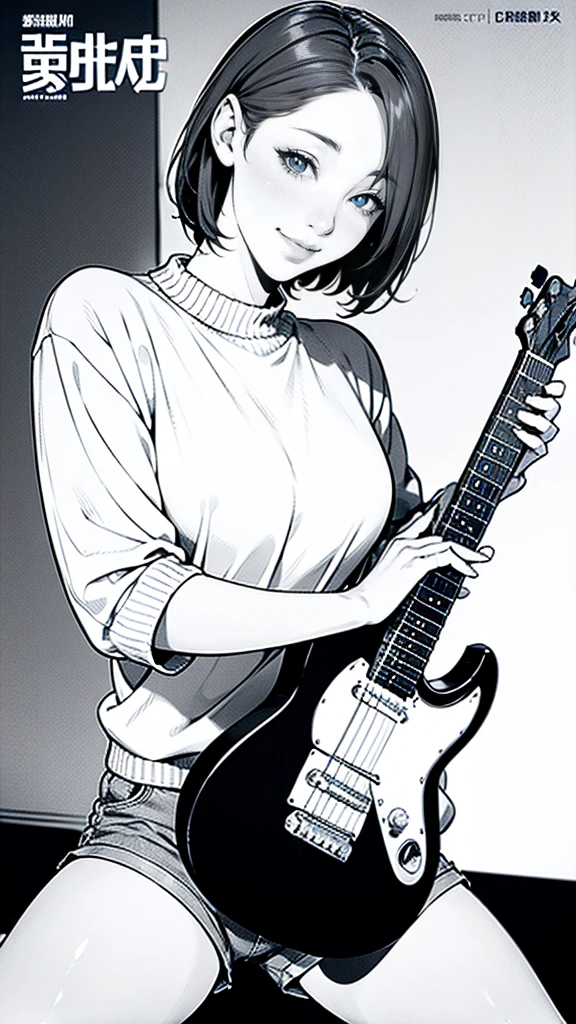 (masterpiece:1.2, Highest quality),(Line art),(Monochrome),(Very detailed),8K,magazine cover,1 female,Cute face,smile,close up,ash gray hair, very short hair, hair over eyes,   (pullover, shorts)((betterhand)),Random pose,Beautiful female hands,((lineart, monochrome)),BREAK,(((playing the guiter))),