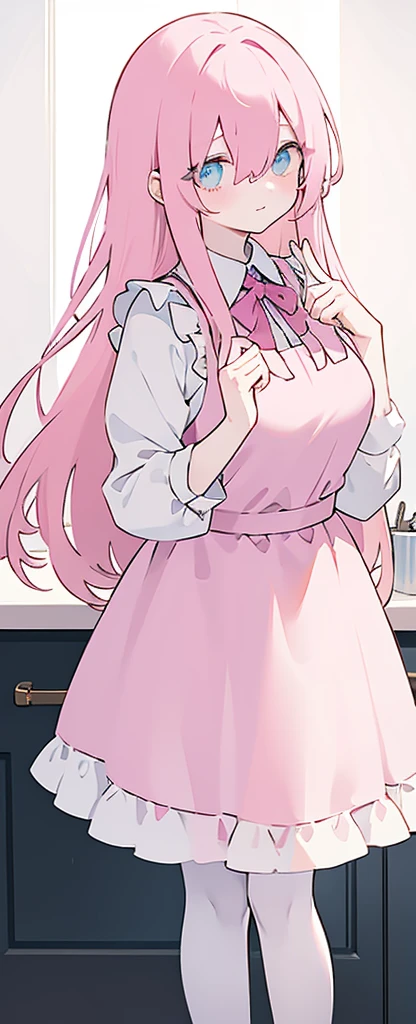 (((Long pinky Beautiful Hair))),pink hair,kawai,(((Eyes visible from bangs,hair over eyes:1.3))),,Huge breasts,(cyan color eyes),,(pink slanted eyes),1girl in,bangs,long CYAN hair, pantyhose,Cowboy Shot,white background,short hair,smiled,(wearing pink maid clothes), (maid dress type must have a perfect pink vest), Bangs should be long to the tip of the chin(((Standing pose facing to the right side free hand pose))), Kitchen room background, Perfect arm fingers,,, 1 girl, ((The image must match the tag)) Bangs almost cover the eyes full body (The character's entire body from top to bottom is completely visible) (the character image is clearly visible from the top of the head to the tip of the knees)
the character image is clearly visible from the top of the head to the tip of the knees)