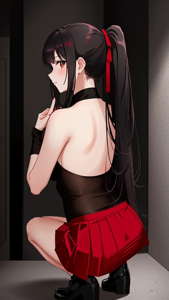 A beautiful girl posing for a photo shoot, wears a red , a skirt that reaches her knees and long black panties, Her hair is long and tied up in a ponytail., beautiful black hair, Photos are taken from various perspectives, head on