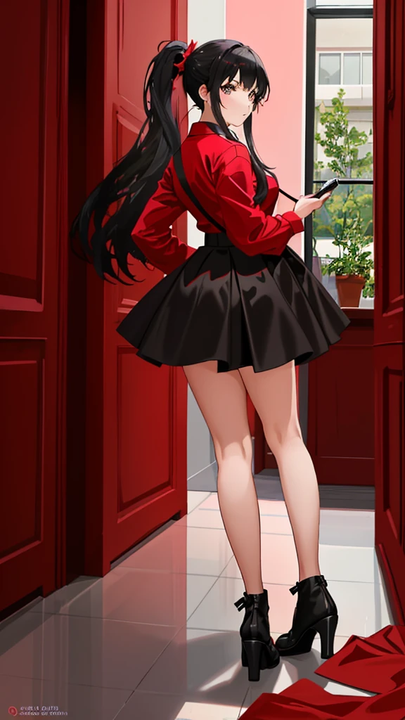 A beautiful girl posing for a photo shoot, wears a red , a skirt that reaches her knees and long black panties, Her hair is long and tied up in a ponytail., beautiful black hair, Photos are taken from various perspectives, head on