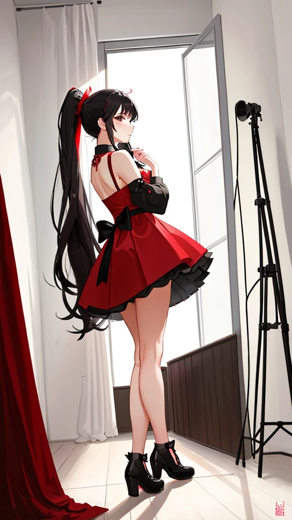 A beautiful girl posing for a photo shoot, wears a red , a skirt that reaches her knees and long black panties, Her hair is long and tied up in a ponytail., beautiful black hair, Photos are taken from various perspectives, head on