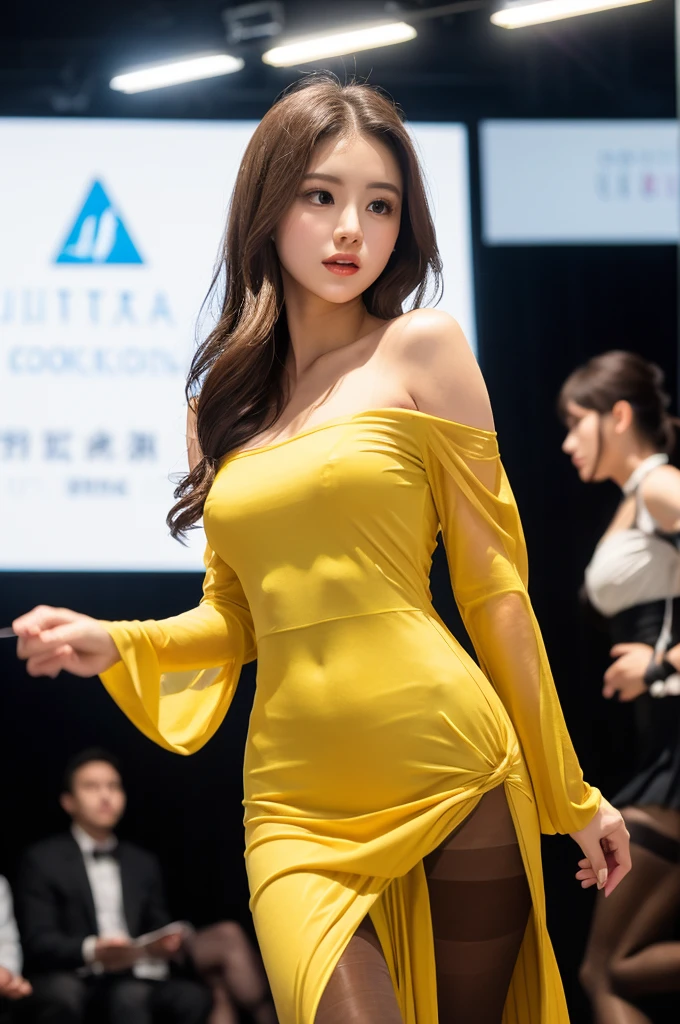 (masterpiece:1.5)、(Realistic:1.5)、(Highest quality:1.4、8K、RAW Photos)、 Ultra-high resolution、Professional Lighting、Perfect dynamic composition、Outdoor Shot、 Film Grain、chromatic aberration、(Bokeh:1.1)、 Frank、Sophisticated、charm、Surreal、High detail、Golden Ratio、 (1 Girl)、(Long skirt with big sleeves), Slender girl、繊細でcharm女の子、Cute Woman:1.4、 Serious expression、Looking at the audience、Various poses、 Light brown hair、Shiny Hair、Hairstyle: ponytail、 Realistic looking skin、 shut up.、Sharp Eyes、Beautiful Eyes、double eyelid、Thin arms、、 Perfect proportions、(One-shoulder pleated slit high cocktail party dress、Long dress with slit), (Wearing ultra-realistic pantyhose:1.3),