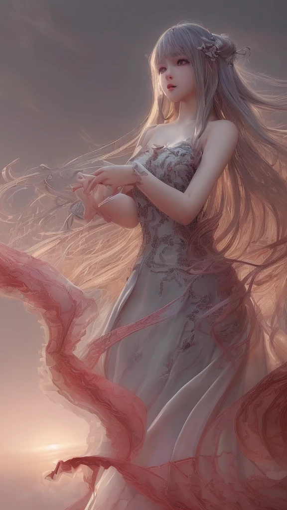 (Highly detailed CG 8k wallpaper, masterpiece, Highest quality, Super detailed), (Better lighting, Better Shadows, Very delicate and beautiful), floating, High saturation, Dynamic Angle, ((One girl)), nice, Ningguang City(Orchid Evening Dress) Gray Hair, Red eyes, Very long hair, hair ornaments, bangs、Ultra-realistic