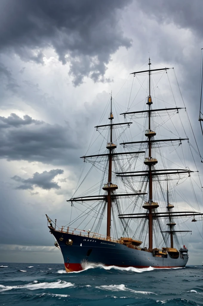 Sea storm ship on deck sailors, there are torn cords on the masts