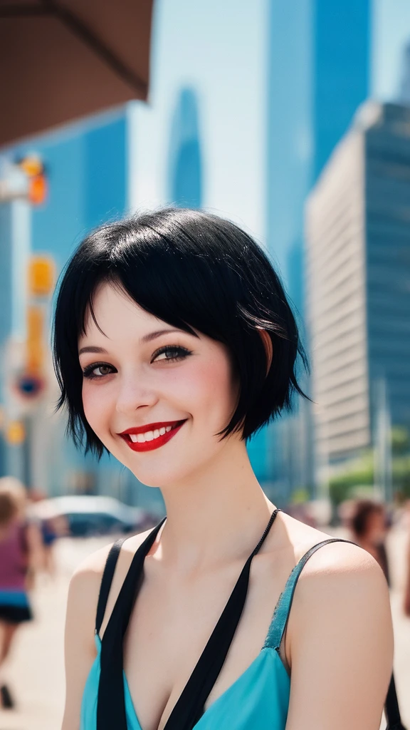 Blurred cityscape, summer、 Black Hair, Half Russian woman、summerらしく, short hair,Masterpiece、smile
