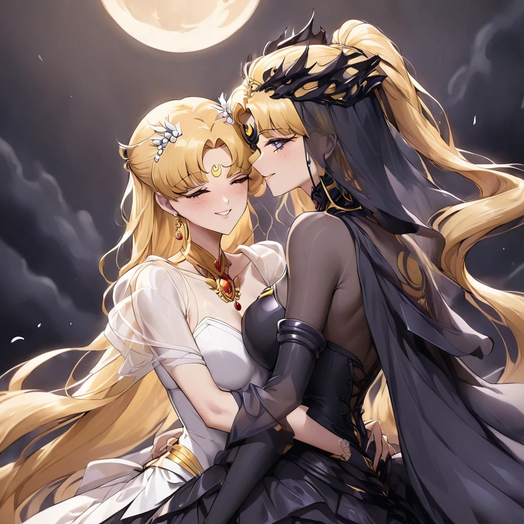 ((Highest quality)), ((masterpiece)), (detailed), (Perfect Face)、Black moon mark on forehead、The woman is Black Serenity, the noble dark queen of the Black Moon clan and has blonde hair.2The woman, Princess Serenity, has long hair tied in a ponytail and is embracing the strong and evil demon king, kissing him and getting married.、The woman has a black inverted crescent moon mark on her forehead, a gorgeous and glittering black gothic Victorian dress, a black veil and a black see-through cape, and is wearing luxurious jeweled accessories. She is the Queen of Darkness, the jet-black Princess Serenity, looking at the camera with a happy expression, and has the expression of a maiden in love.、A woman and a strong, evil demon king embrace each other, kiss each other, and have a wedding ceremony.