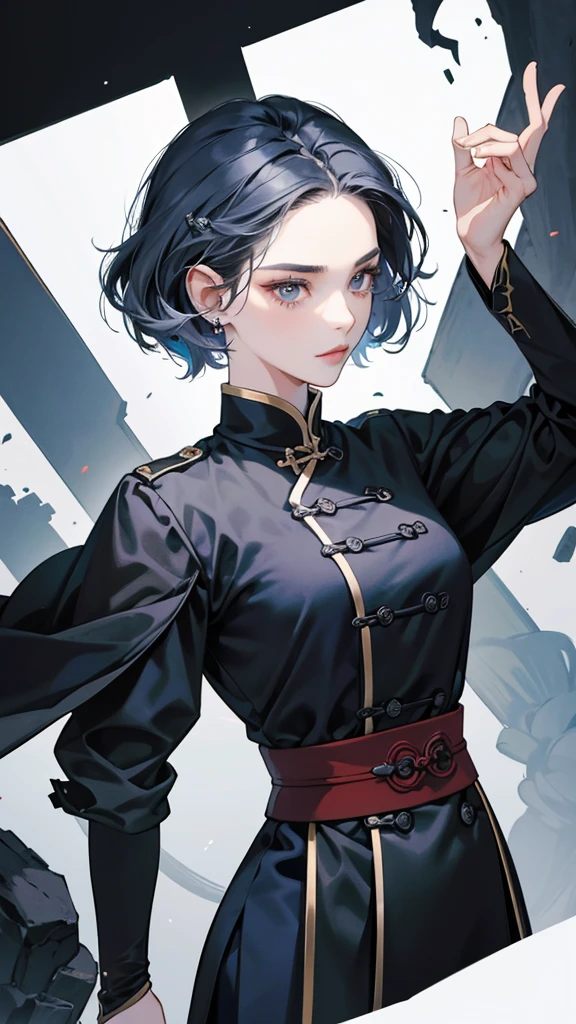 Masterpiece, Best quality, 1 Female, Mature Woman, Elder Sister, young girl, Royal Sister, the expression is cold, strong, gray eyes, wolfcut short hair, smoky mix navy blue color hair, resolute eyes, simple black and white Taoist Taoist uniform, long black eardrop, Chinese mix morden, frontal photo, blank background, remove background, wolfcut hairstyle, anime, illustration