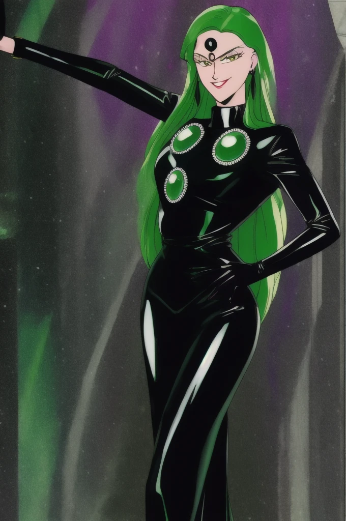 high quality, extremely detailed, perfect face,  Esmeraude, long green hair, (black moon symbol on forehead), black latex bodycon dress, large green gems, large breasts, long black latex gloves, evil smirk,two hand,sadistic smile,deep shaded face,laugh at,evil smile,evil smirk,two hands,five fingers,smile worst,worst ridecule,evil moukery,collar,web hair,
