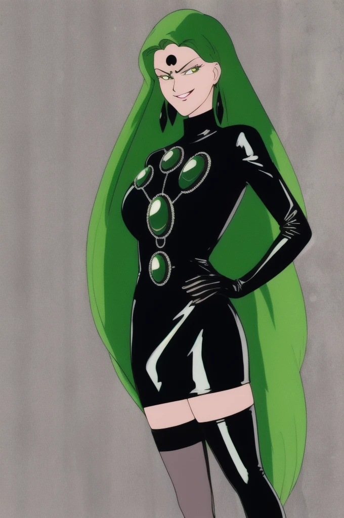 high quality, extremely detailed, perfect face,  Esmeraude, long green hair, (black moon symbol on forehead), black latex bodycon dress, large green gems, large breasts, long black latex gloves, evil smirk,two hand,sadistic smile,deep shaded face,laugh at,evil smile,evil smirk,two hands,five fingers,smile worst,worst ridecule,evil moukery,collar,web hair,