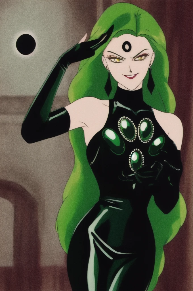 high quality, extremely detailed, perfect face,  Esmeraude, long green hair, (black moon symbol on forehead), black latex bodycon dress, large green gems, large breasts, long black latex gloves, evil smirk,two hand,sadistic smile,deep shaded face,laugh at,evil smile,evil smirk,two hands,five fingers,smile worst,worst ridecule,evil moukery,collar,web hair,