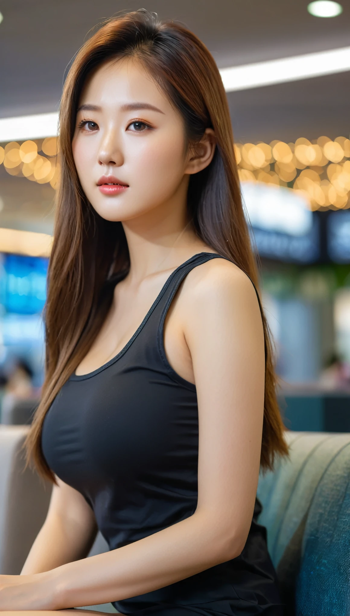close-up of beautiful Korean female, straight hair, 38 inch breasts size, wearing fitting tank top, sitting in terminal lounge, bokeh background, UHD