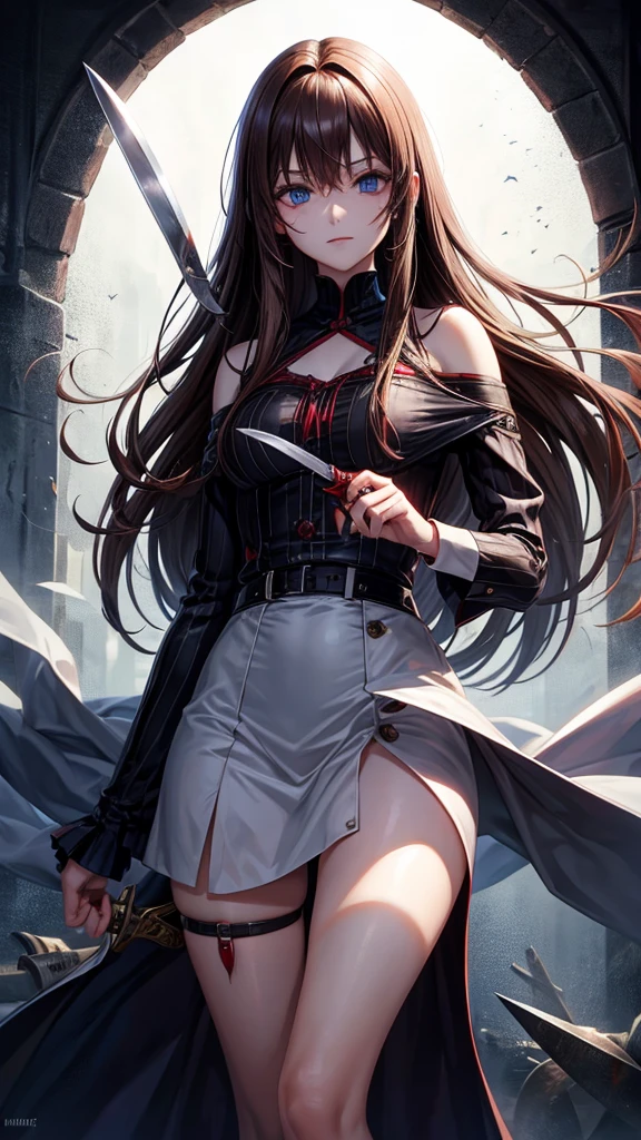 Adult, long brown hair with bangs, blue eyes, knife, yandere, bloody, vampire, manic