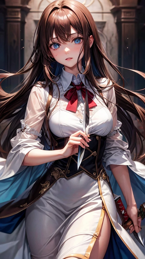 Adult, long brown hair with bangs, blue eyes, knife, yandere, bloody, vampire, manic