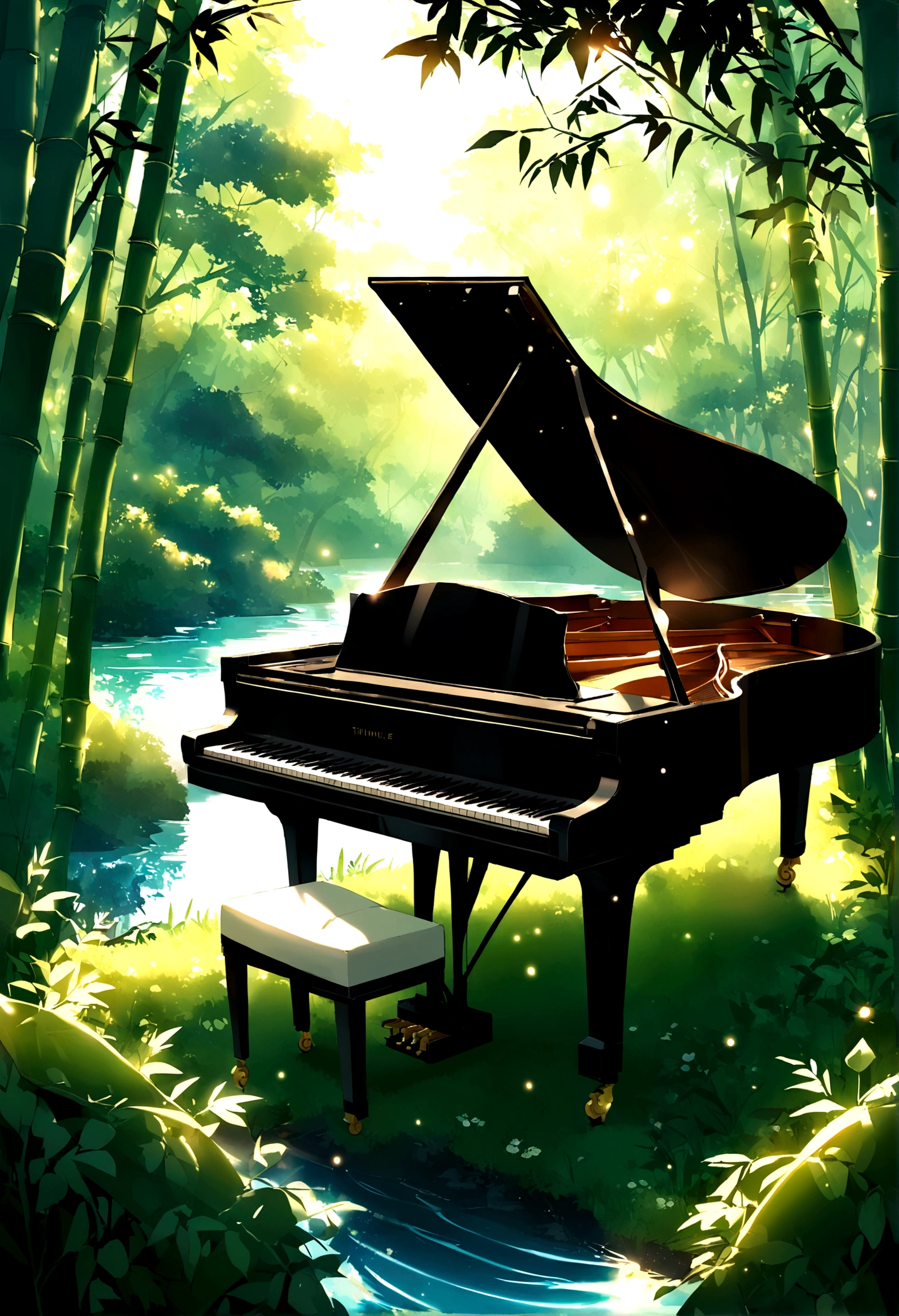 A grand piano in the middle of the woods near a river,A grand piano in the middle of a bamboo forest、wood々The sun twinkles from between,quiet