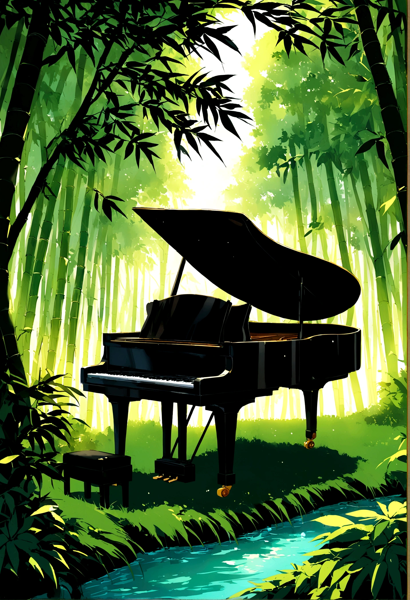 A grand piano in the middle of the woods near a river,A grand piano in the middle of a bamboo forest、wood々The sun twinkles from between,quiet