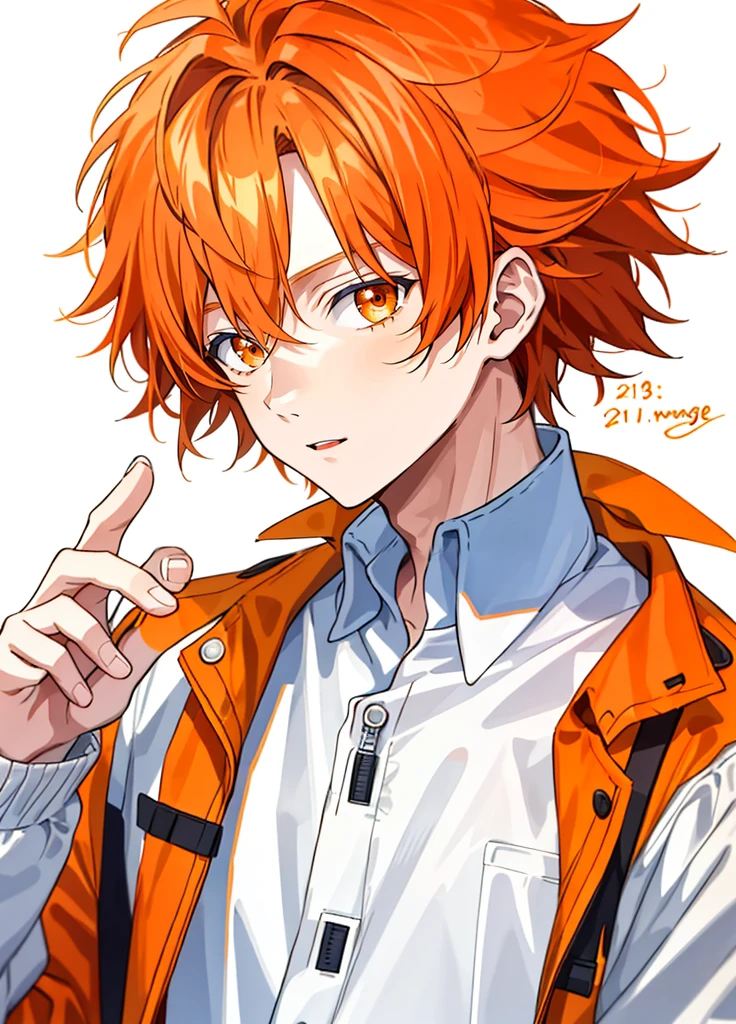 1 boy, 24 years old, messy hair, orange hair, medium hair, orange jumpsuit,
