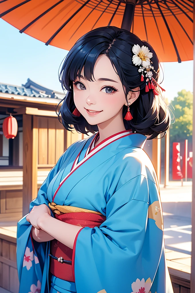 A beautiful smiling woman in a kimono greets people with a cheerful "Good morning" as her arms open under the blue sky