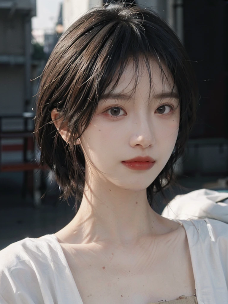 (Skin details:1.4), (smooth skin textures:1.3), Lipstick, background,海滩background, Looking at the audience,earrings, serene, calm, (Realistic and detailed eyes:1.2), Natural skin texture, Realistic facial details, Soft dramatic lighting, Vivid details, 35 mm film, outdoor, (Photo Practical:1.4), (hyper Practical:1.4), (Practical:1.3), (Smoother lighting:1.05), (Improve lighting quality:0.9), (Highest quality real skin textures:1.4), Exquisite eyes, Delicate face, Close-up of face, (Enhance the beauty of skin texture:1.1), Hair details, Vest,normal body ratio, short hair, Moles under the eyes, thinking, A faint smile,公园background,Portrait Photography, Depth of Field, Bokeh, Surrealism, Ray Tracing, (Portrait Photography:1.1), Surrealism, High Detail, Chiaroscuro, Ray Tracing, reflected light, Ultra HD, Ultra HD, masterpiece, Textured Skin, Super Detail, High Detail, high quality, best quality