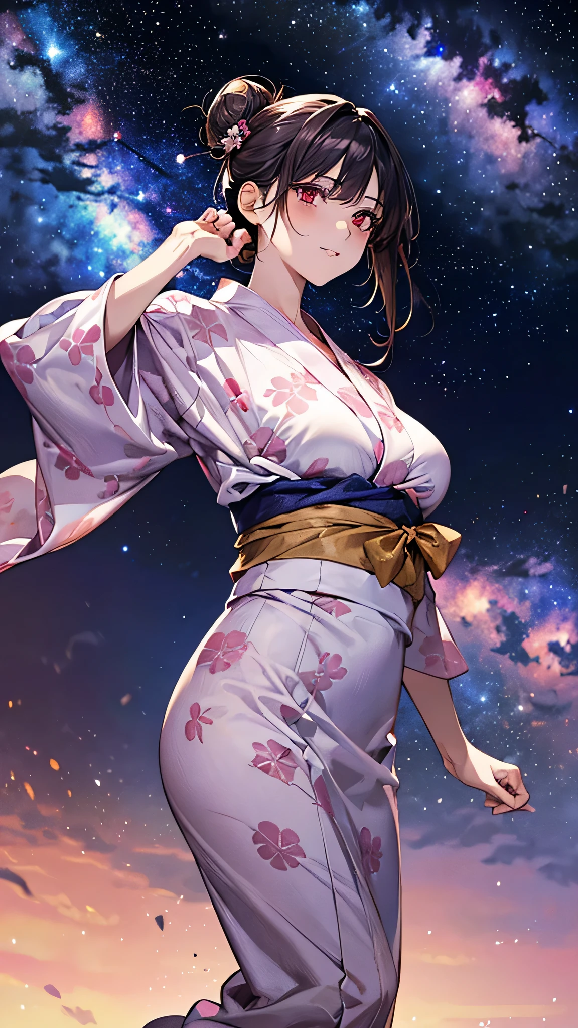 ((Highest quality)), ((High resolution)), ((masterpiece)), (detailed), (From below:1.1), (Zoom out:1.1),
Written boundary depth, Anatomically correct, One Mature Woman, Perfect Face, profile, Shiny skin,
(Long Hair:1.5, Half-up hairstyle, Hair Bun), Red eyes, Long eyelashes, (Big Breasts:0.9),
Beautiful Hair, Beautiful Face, Beautiful details, Beautiful clavicle, Beautiful body, Beautiful breasts, Beautiful feet, (Put one hand above your head),
(Pink Yukata, White Band),
(Beautiful views), Starry Sky, nebula, milky way,