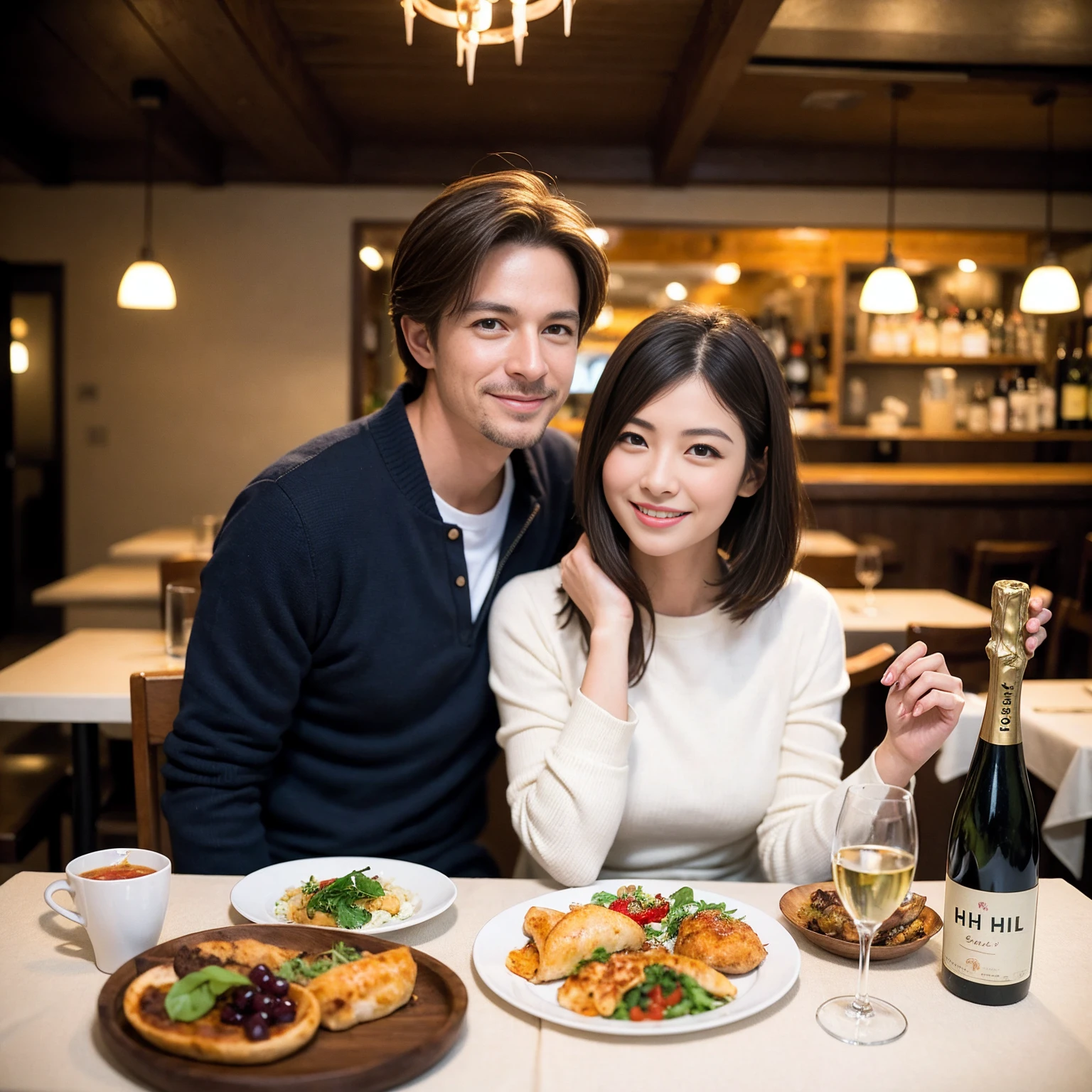 ((Highest quality、、masterpiece:1.3))、1 male、1 female、spouse、Beautiful couple、Japanese couple、smile、 (Slim face), (the body is スリム), (Brown Hair), (Shortcuts), ((Bob Hale、Straight hair:1.2)), テーブルの上のwine glass、Please shine a light on my face、 Amazing view of the sunset sky and clouds、Amazing mountain views、smileの美しさ、Bright image、Blushing, Shortcuts,Bright Face、 age), 39 age, red wine 、Appetizers、Italian food、Wine bottle、Champagne、sparkling wine、Long sleeve shirt、dress、Attractive beauty、restaurant, Nova Frog Style, actress, model, Upper Body, White wine, red wine, wine glass,