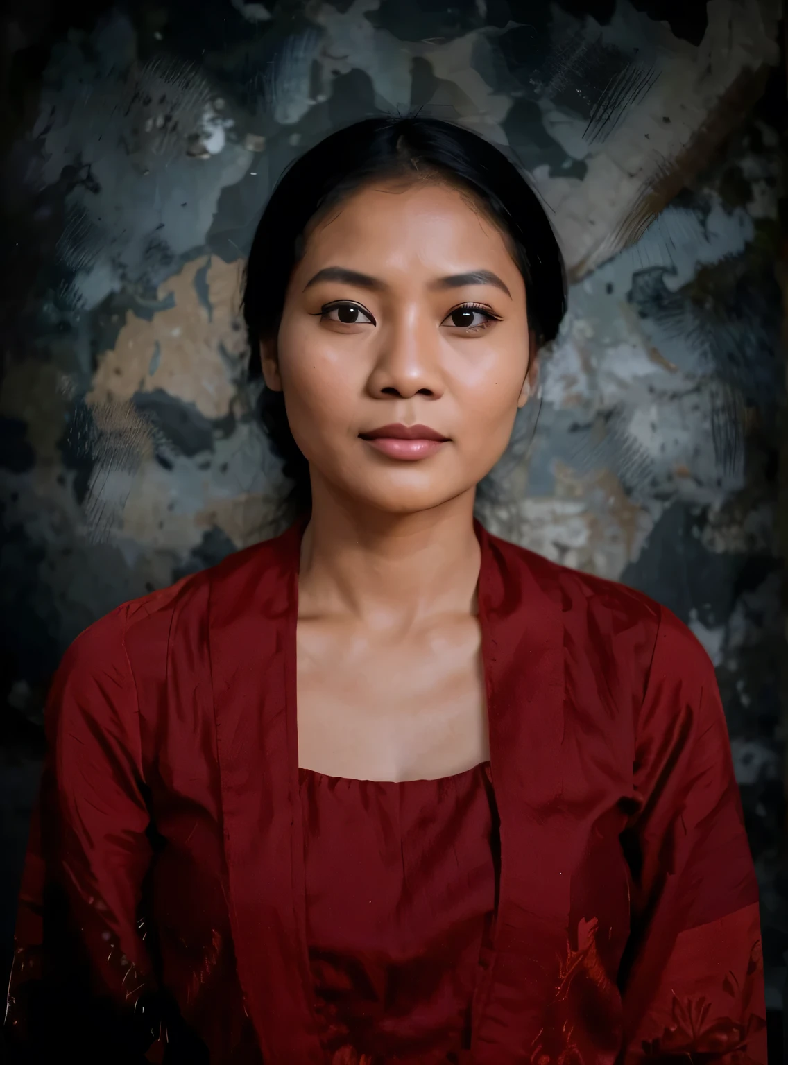 A 40-year-old Javanese woman wears an ancient Javanese dress in dark red. Realistic