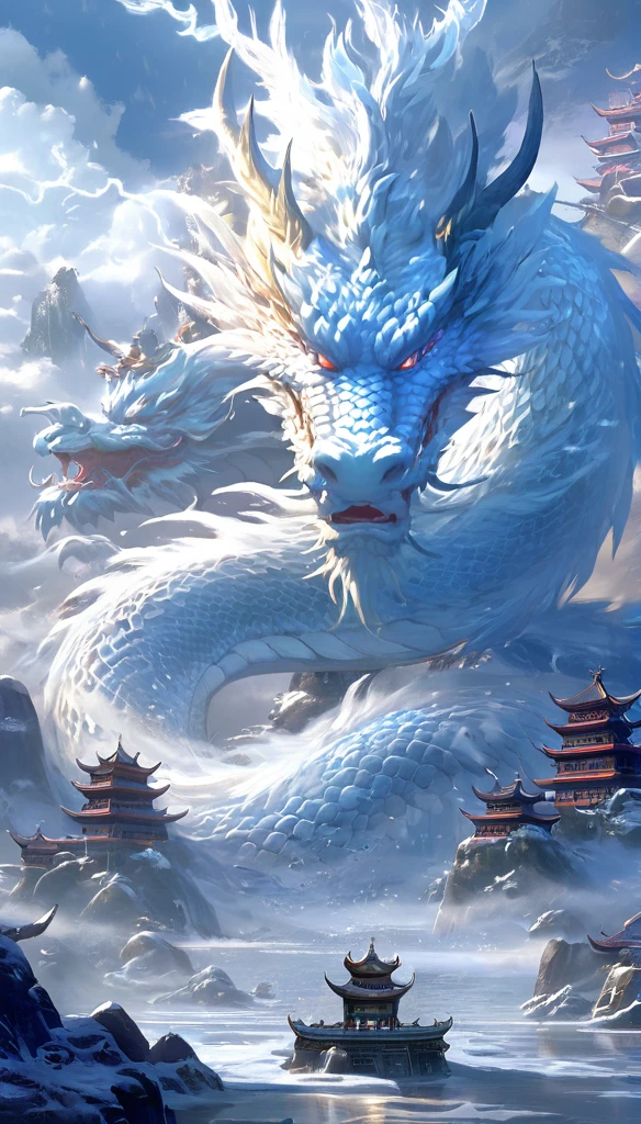 arian landscape,in fantasy world,Chinese traditional architecture, dragon,snow,cloud,Ocean,Sky,Mountain, thunder,{One head}