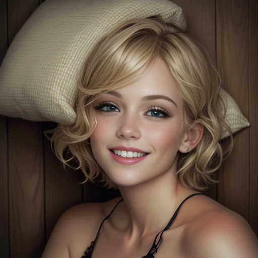 blond woman, short wavy hair, smiling at the camera, in her early 20's.  Smiling, laughing.  Photorealistc.  Very detailed face and eyes.  Green eyes.