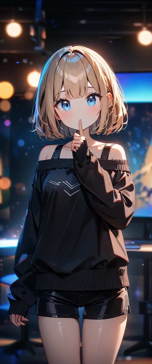 (((One girl))), blond hair, bob cut, breasts, from front, (cowboy shot), (looking at viewer), ((black shorts)), ((off-shoulder black sweater)), Hip Length, index finger to own mouth, arm at side, face in focus, teenager, head tilt:1.3, (((blue eye))), ((no mouth)), ((sleeves past wrists)), anime style, (best quality, 4k, 8k, highres, masterpiece:1.2, ultra-detailed, ultra-detailed eyes, HDR, UHD, studio lighting, ultra-fine painting, sharp focus, physically-based rendering, extreme detail description, professional, vivid colors, bokeh)