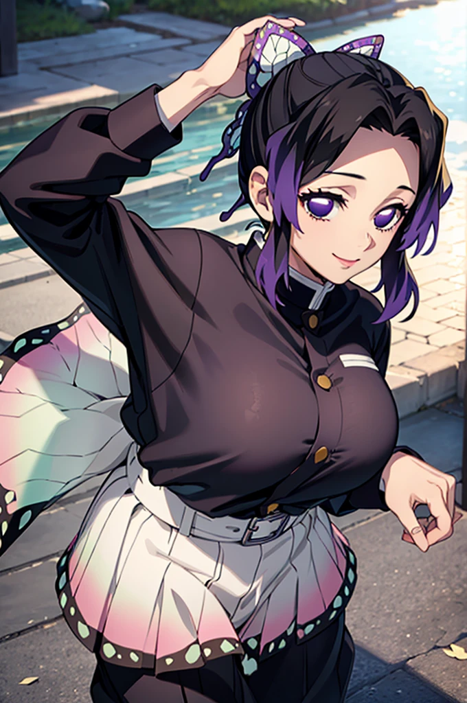 (masterpiece:1.3), (best quality:1.1), (8k, ultra detailed, ultra high res:1.2), (anime style), perfect 5 fingers, (perfect anatomy:1.1),
1girl,
Shinobu Kochou,
BREAK short hair, black hair, hair intakes, gradient hair,
purple eyes,
bow in hair, butterfly,
large breasts,
BREAK black shirt, black tethered pants, white haori, smile,
looking at viewer,
cowboy shot,
perfect light, standing, outdoors, age of Edo,
